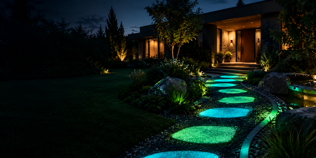 Modern luxury garden at night with a curved pathway of glowing cyan and green stepping stones leading to a contemporary home.