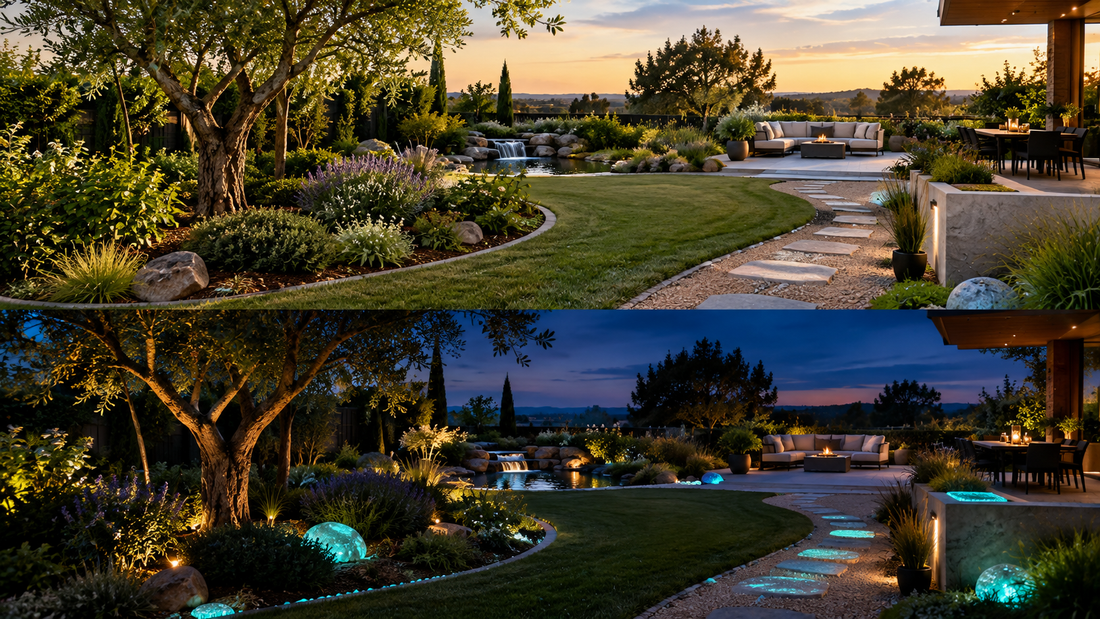 Luxury modern garden at dusk with a curved glow stone pathway, lush landscaping, feature tree, water feature and subtle cyan lighting transforming the outdoor space after sunset.