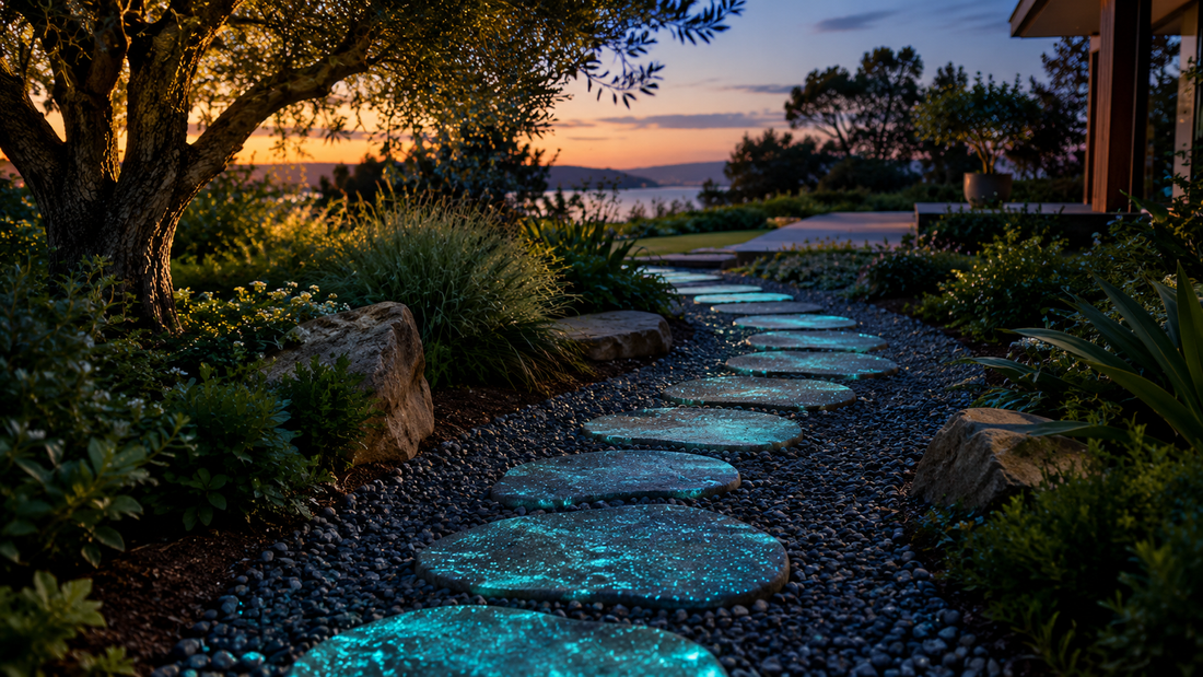 Luxury modern garden pathway with naturally glowing stones at dusk, surrounded by lush greenery, ornamental grasses, and landscaped garden beds.