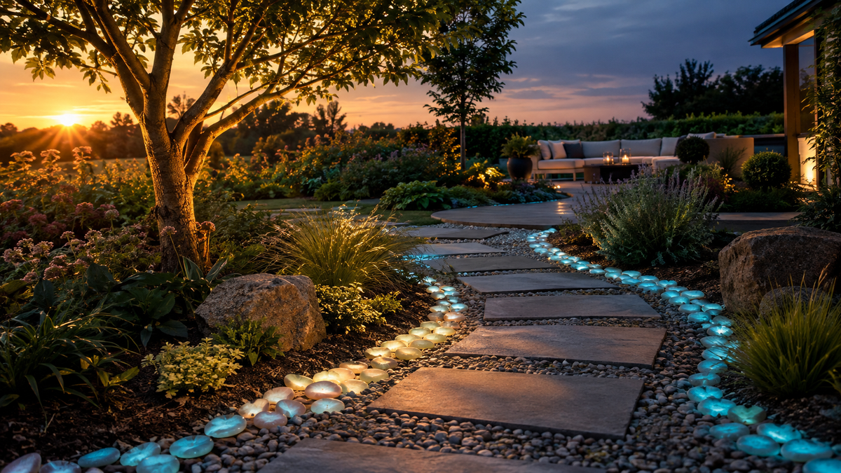 Luxury garden pathway with glow in the dark stones gradually glowing blue as daylight fades, surrounded by landscaped garden beds, mature plants, a feature tree and outdoor seating.