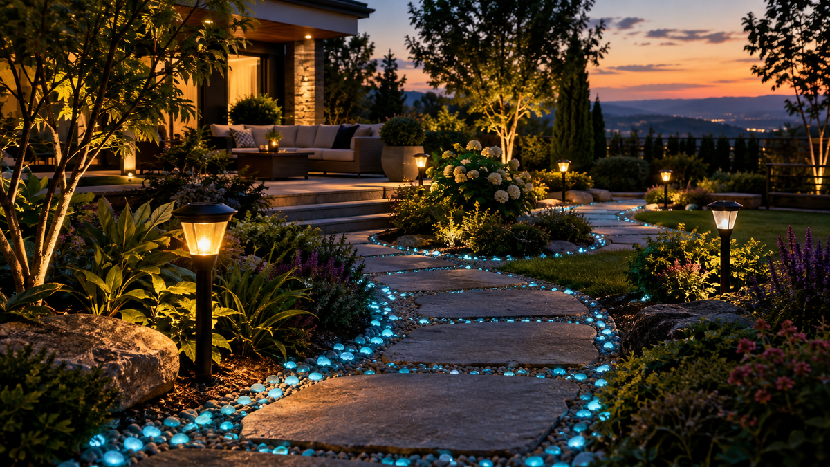 Premium modern backyard garden at dusk with a curved stone pathway, cyan-blue photoluminescent glow stones, warm solar garden lights, lush greenery and outdoor seating.
