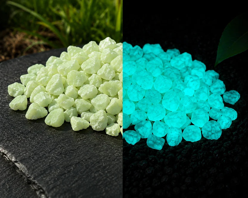 A split-screen comparison of glow-in-the-dark decorative stones. The left half shows the stones in normal light, appearing pale yellow-green, resting on a dark slate with blurred green grass in the background.
