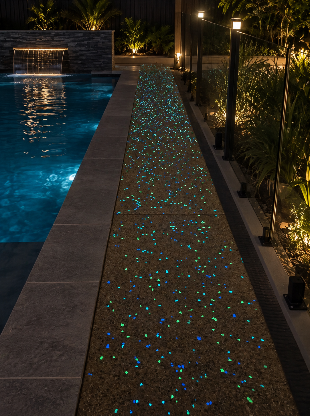 Glow-in-the-dark pathway tiles along a landscaped walkway