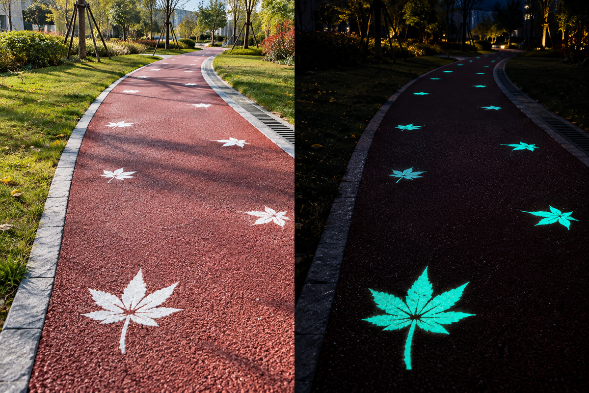 A red rubberized walking path curves through a landscaped park, decorated with white leaf-shaped markings. A nighttime version of the same path shows the leaf markings glowing bright turquoise.
