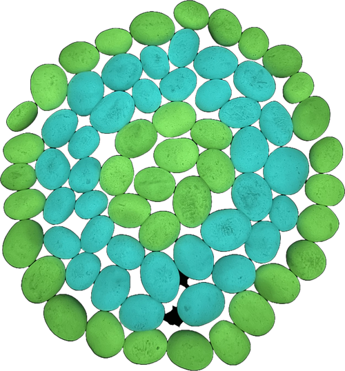 Colorful collection of small polished stones in shades of turquoise, blue, green, yellow, cream, and white arranged in a cluster.