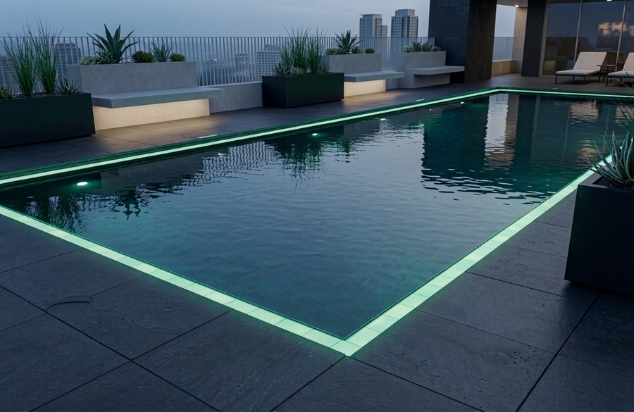 A modern rooftop swimming pool at dusk with glowing green LED edge lighting, dark tiled decking, planter boxes, lounge chairs, and a city skyline in the background.