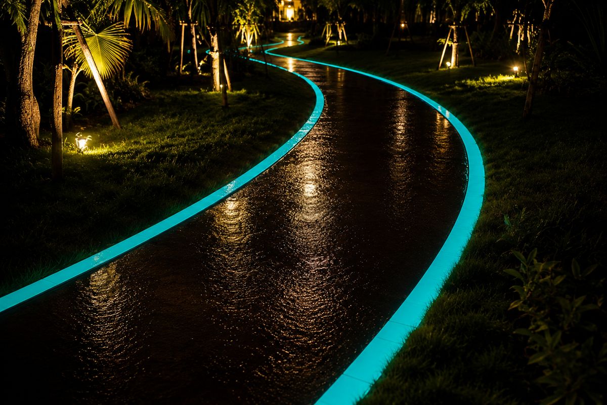 A glowing blue LED pathway light installed along the edge of a wet pathway at night, casting a bright cyan reflection on the water and illuminating the surrounding dark grass and trees.