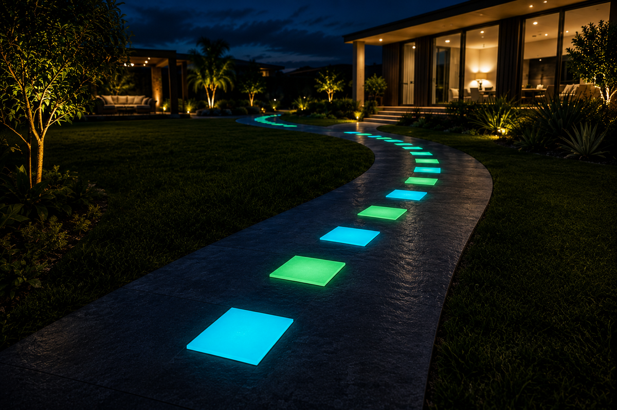 A curved stone pathway at night leading to a modern house, with glowing square light panels embedded along the path in blue, green, and cyan colors.
