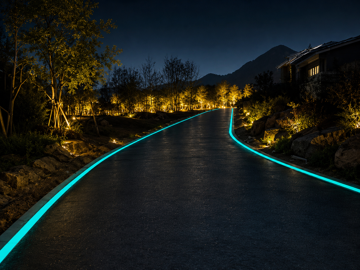 Outdoor pathway with glowing green lights in a nighttime garden setting