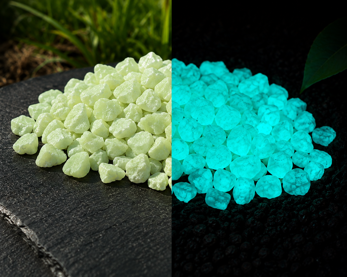 Glow-in-the-dark stones showing day and night appearance