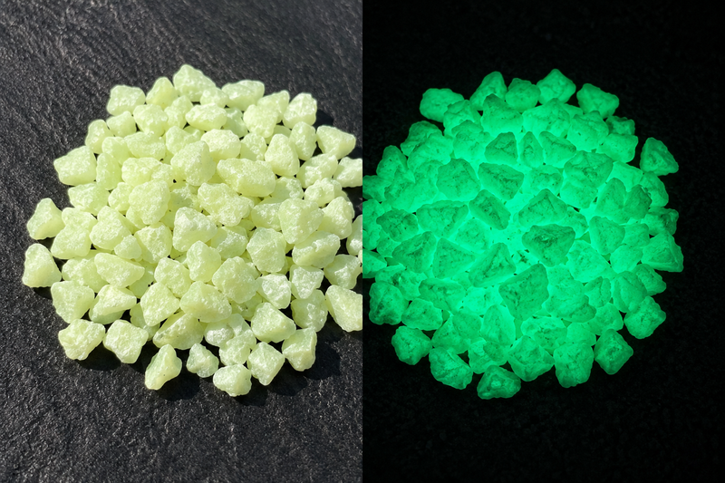 Green glow-in-the-dark landscape stones showing daylight and illuminated night appearance