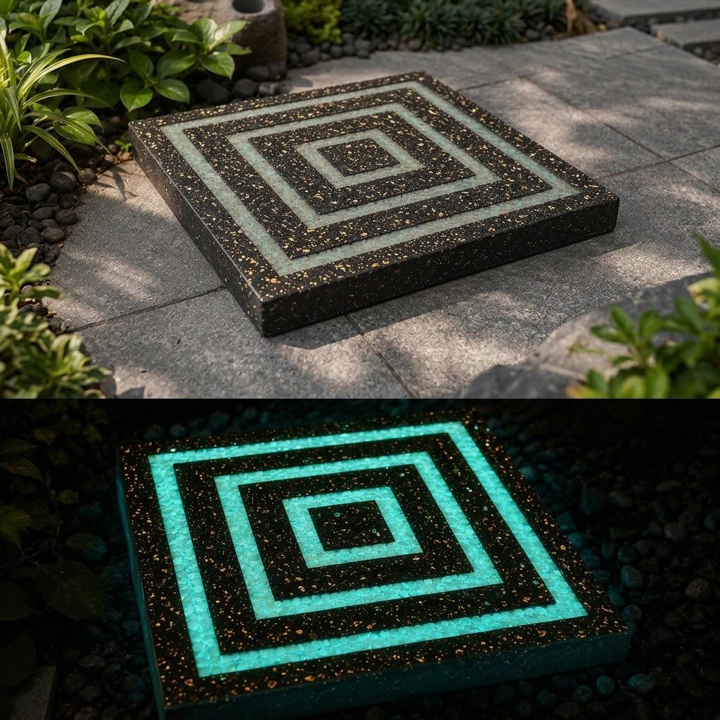 Modern illuminated floor tiles with geometric square patterns