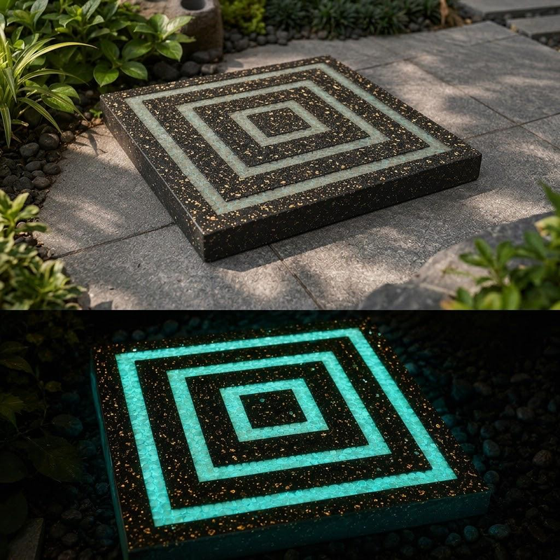Modern illuminated floor tiles with geometric square patterns