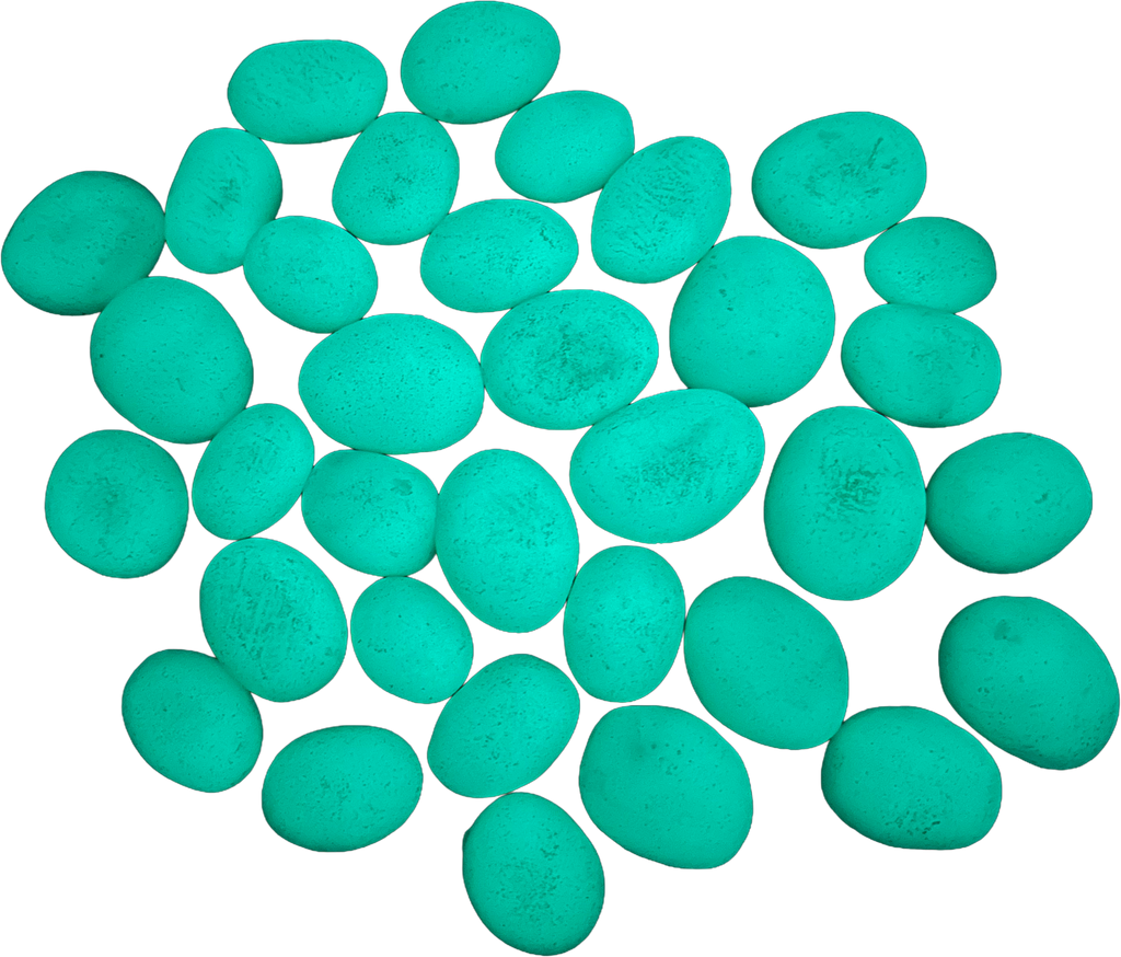Collection of small smooth turquoise and teal stones with rounded shapes and subtle variations in blue-green color.